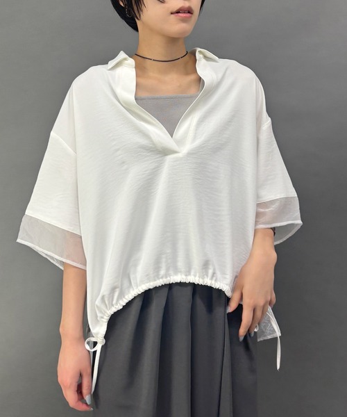 NICOLE white(ニコルホワイト)の「シアーミックススキッパーシャツ(シャツ/ブラウス・レディース・オフホワイト/ブラウン/ブラック/チャコールグレー・FREE)」の2枚目の写真