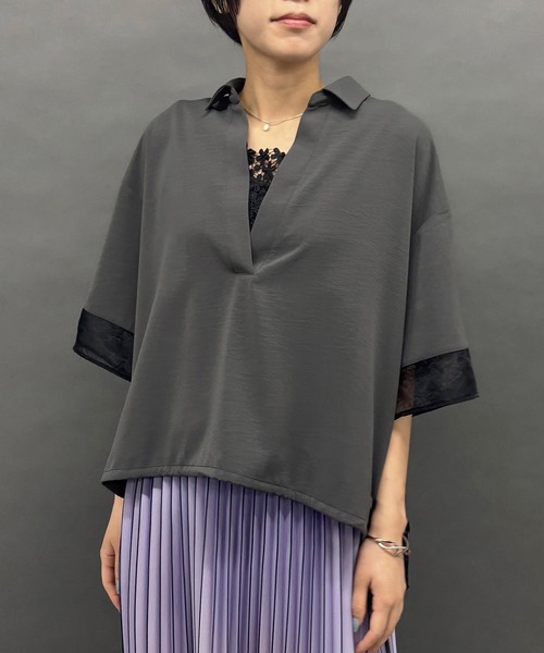 NICOLE white(ニコルホワイト)の「シアーミックススキッパーシャツ(シャツ/ブラウス・レディース・オフホワイト/ブラウン/ブラック/チャコールグレー・FREE)」の4枚目の写真