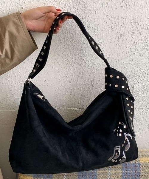 SHERU(シェル)の「音符刺繍 リベットショルダーバッグ Y2K ホーボーバッグ(ショルダーバッグ・レディース・ブラック・F)」の9枚目の写真