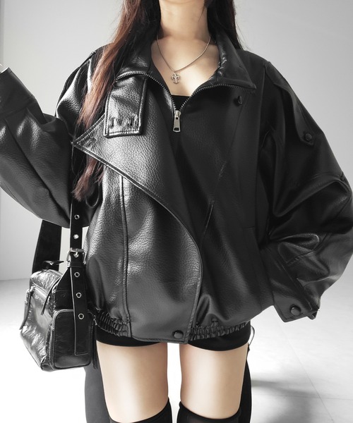 me+em select(ミームセレクト)の「【 2WAY 】ヴィンテージフェイクレザースタンドカラージップアップブルゾン / 2WAY vintage fake leather stand collar zipup blouson(ブルゾン・レディース・ブラウン/ブラック・FREE)」の11枚目の写真