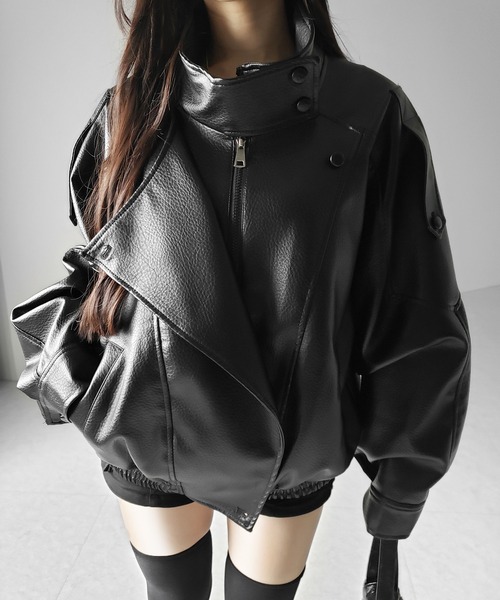 me+em select(ミームセレクト)の「【 2WAY 】ヴィンテージフェイクレザースタンドカラージップアップブルゾン / 2WAY vintage fake leather stand collar zipup blouson(ブルゾン・レディース・ブラウン/ブラック・FREE)」の12枚目の写真
