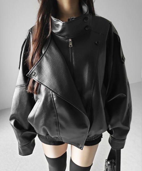 me+em select(ミームセレクト)の「【 2WAY 】ヴィンテージフェイクレザースタンドカラージップアップブルゾン / 2WAY vintage fake leather stand collar zipup blouson(ブルゾン・レディース・ブラウン/ブラック・FREE)」の13枚目の写真