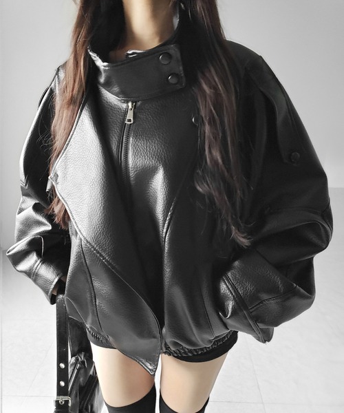 me+em select(ミームセレクト)の「【 2WAY 】ヴィンテージフェイクレザースタンドカラージップアップブルゾン / 2WAY vintage fake leather stand collar zipup blouson(ブルゾン・レディース・ブラウン/ブラック・FREE)」の14枚目の写真