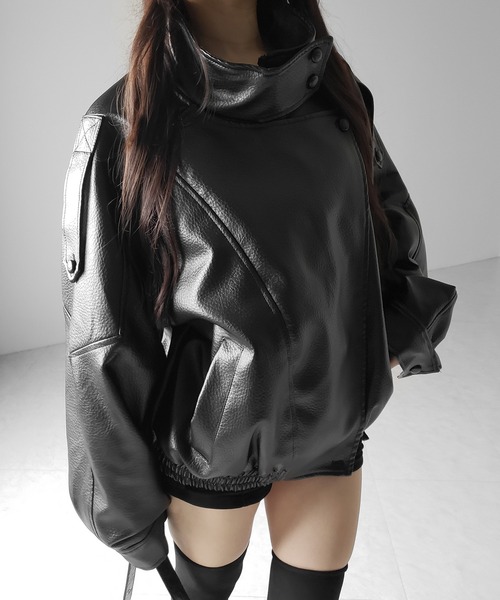 me+em select(ミームセレクト)の「【 2WAY 】ヴィンテージフェイクレザースタンドカラージップアップブルゾン / 2WAY vintage fake leather stand collar zipup blouson(ブルゾン・レディース・ブラウン/ブラック・FREE)」の15枚目の写真