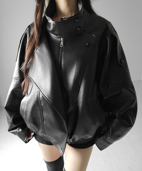 me+em select(ミームセレクト)の「【 2WAY 】ヴィンテージフェイクレザースタンドカラージップアップブルゾン / 2WAY vintage fake leather stand collar zipup blouson(ブルゾン・レディース・ブラウン/ブラック・FREE)」の17枚目の写真