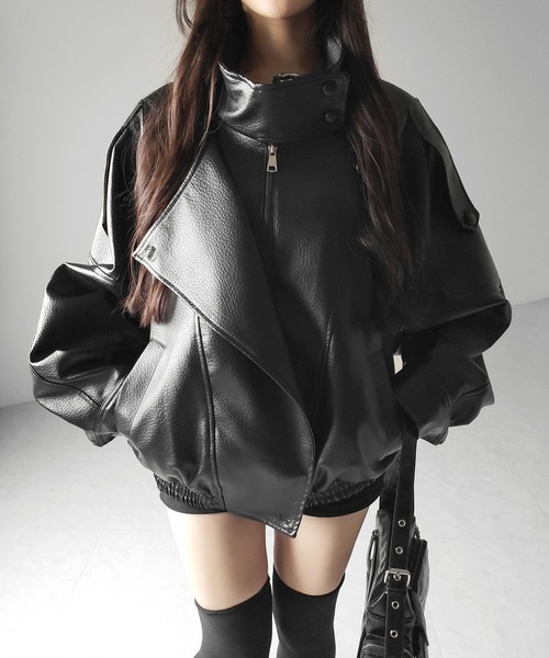 me+em select(ミームセレクト)の「【 2WAY 】ヴィンテージフェイクレザースタンドカラージップアップブルゾン / 2WAY vintage fake leather stand collar zipup blouson(ブルゾン・レディース・ブラウン/ブラック・FREE)」の19枚目の写真