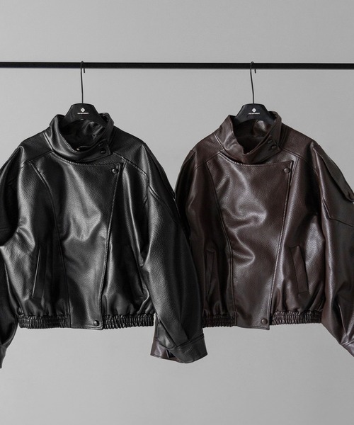 me+em select(ミームセレクト)の「【 2WAY 】ヴィンテージフェイクレザースタンドカラージップアップブルゾン / 2WAY vintage fake leather stand collar zipup blouson(ブルゾン・レディース・ブラウン/ブラック・FREE)」の5枚目の写真