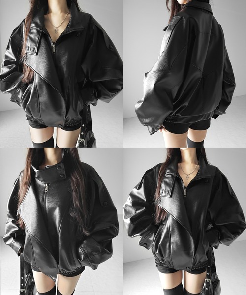 me+em select(ミームセレクト)の「【 2WAY 】ヴィンテージフェイクレザースタンドカラージップアップブルゾン / 2WAY vintage fake leather stand collar zipup blouson(ブルゾン・レディース・ブラウン/ブラック・FREE)」の4枚目の写真