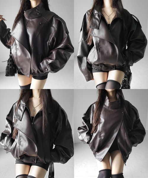 me+em select(ミームセレクト)の「【 2WAY 】ヴィンテージフェイクレザースタンドカラージップアップブルゾン / 2WAY vintage fake leather stand collar zipup blouson(ブルゾン・レディース・ブラウン/ブラック・FREE)」の3枚目の写真