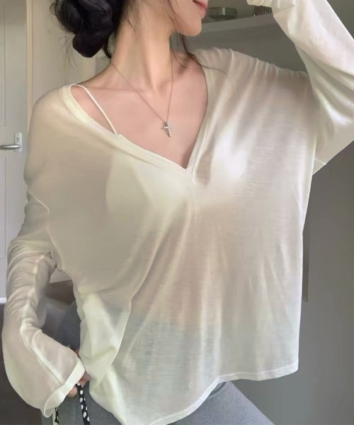 LEMOA(レモア)の「シアーVネック長袖プルオーバーカットソー(Tシャツ/カットソー・レディース・ベージュ/カーキ/ブラック・LARGE/MEDIUM)」の21枚目の写真