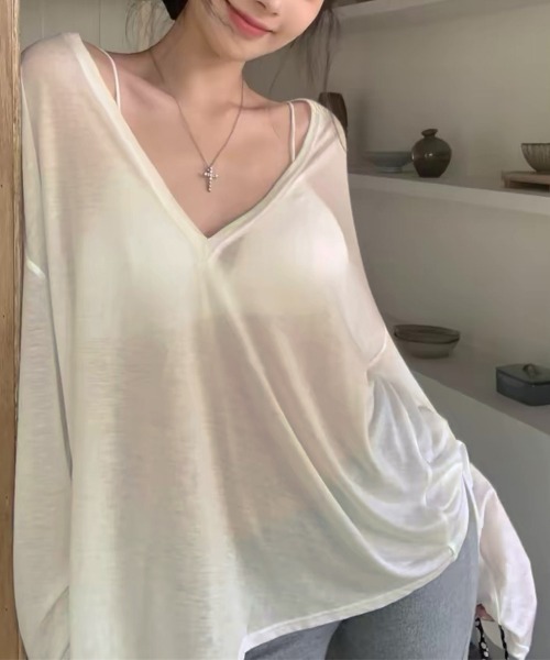 LEMOA(レモア)の「シアーVネック長袖プルオーバーカットソー(Tシャツ/カットソー・レディース・ベージュ/カーキ/ブラック・LARGE/MEDIUM)」の22枚目の写真