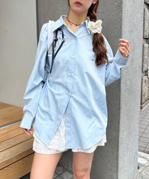 w closet（ダブルクローゼット）の「バックリボンストライプシャツ（シャツ/ブラウス・レディース・ブルー/アイボリー/イエロー・FREE）」の10枚目の写真