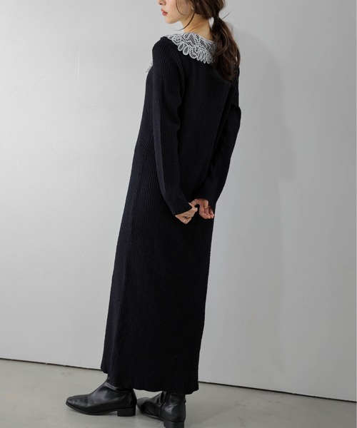 AMELY(エミリー)の「リブニットワンピース/レース襟/ロング/メリハリシルエット(ワンピース・レディース・モカ/グレー/ブラック・フリー)」の7枚目の写真