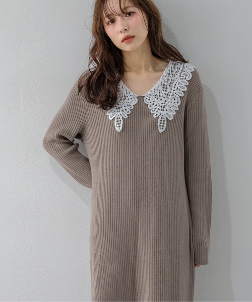 AMELY(エミリー)の「リブニットワンピース/レース襟/ロング/メリハリシルエット(ワンピース・レディース・モカ/グレー/ブラック・フリー)」の13枚目の写真