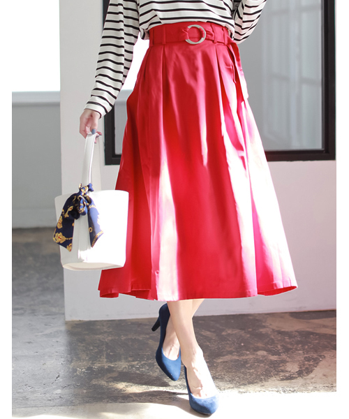 Re:EDIT（リエディ）の「リングベルト付きミディ丈フレアスカート（スカート・レディース・ブラック/ベージュ/マスタード/ネイビー/ホワイト/ピンク/レッド/グリーン・LARGE/SMALL/MEDIUM）」の8枚目の写真