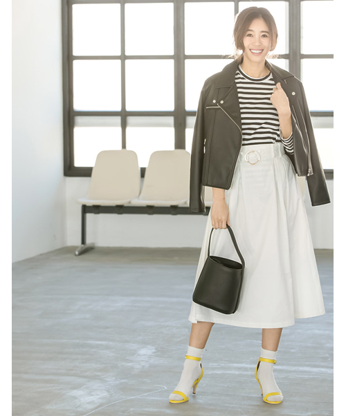 Re:EDIT（リエディ）の「リングベルト付きミディ丈フレアスカート（スカート・レディース・ブラック/ベージュ/マスタード/ネイビー/ホワイト/ピンク/レッド/グリーン・LARGE/SMALL/MEDIUM）」の18枚目の写真