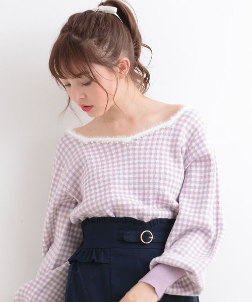 MAJESTIC LEGON（マジェスティックレゴン）の「パール付ギンガムジャガードプルオーバー（ニット/セーター・レディース・グレー系その他/ピンク系その他2/ブラック系その他・MEDIUM）」の3枚目の写真