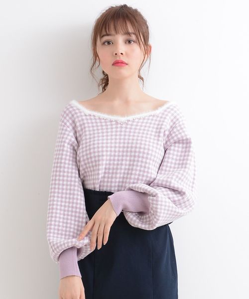 MAJESTIC LEGON（マジェスティックレゴン）の「パール付ギンガムジャガードプルオーバー（ニット/セーター・レディース・グレー系その他/ピンク系その他2/ブラック系その他・MEDIUM）」の5枚目の写真