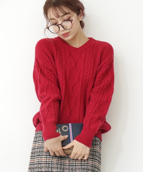 N.（N. Natural Beauty Basic）（エヌエヌナチュラルビューティーベーシック）の「◆ラムウールⅡケーブルニット（ニット/セーター・レディース・ホワイト/ベージュ/ネイビー/レッド・MEDIUM）」の4枚目の写真