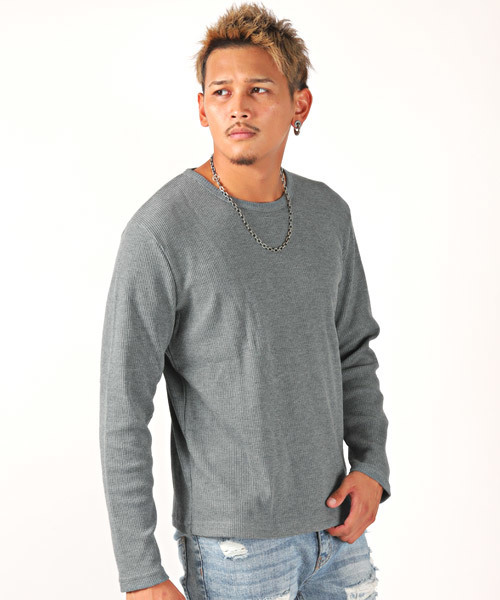 LUXSTYLE(ラグスタイル)の「ワッフル長袖Tシャツ(Tシャツ/カットソー・メンズ・ホワイト/ブラック/杢グレー・M/L/XL)」の1枚目の写真