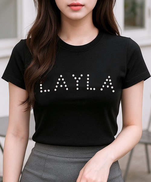 Julia Boutique（ジュリアブティック）の「パールロゴデザインTシャツ・トップス・カットソー/510736（Tシャツ/カットソー・レディース・ブラック/ホワイト/ピンク/ブルー/イエロー・ONE）」の3枚目の写真