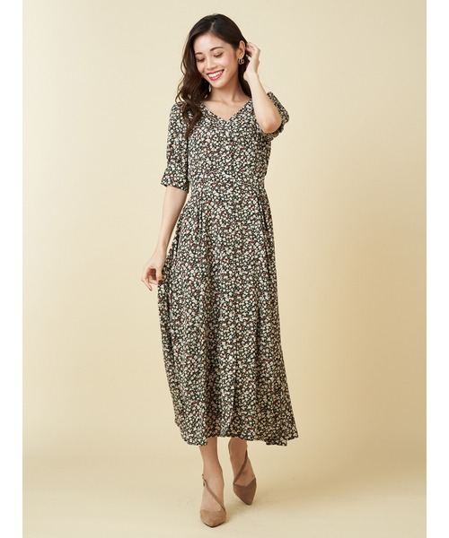 ROYAL PARTY（ロイヤルパーティー）の「小花柄ロングワンピース（ワンピース・レディース・オフホワイト/ブラック/グリーン・FREE）」の3枚目の写真