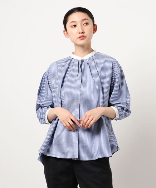 Samansa Mos2（サマンサ モスモス）の「比翼クレリックストライプブラウス（シャツ/ブラウス・レディース・チャコール/ブルー/ベージュ・ﾌﾘ-）」の3枚目の写真