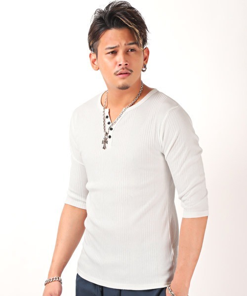 LUXSTYLE(ラグスタイル)の「ランダムテレコヘンリーネック5分袖Tシャツ(Tシャツ/カットソー・メンズ・ホワイト/ブラック/ブラック系その他・M/L/XL)」の1枚目の写真