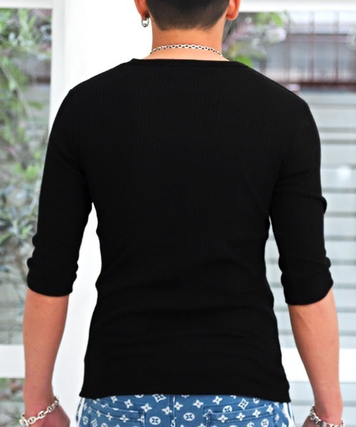 LUXSTYLE(ラグスタイル)の「ランダムテレコヘンリーネック5分袖Tシャツ(Tシャツ/カットソー・メンズ・ホワイト/ブラック/ブラック系その他・M/L/XL)」の15枚目の写真