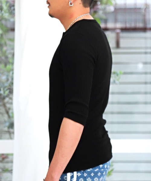 LUXSTYLE(ラグスタイル)の「ランダムテレコヘンリーネック5分袖Tシャツ(Tシャツ/カットソー・メンズ・ホワイト/ブラック/ブラック系その他・M/L/XL)」の13枚目の写真