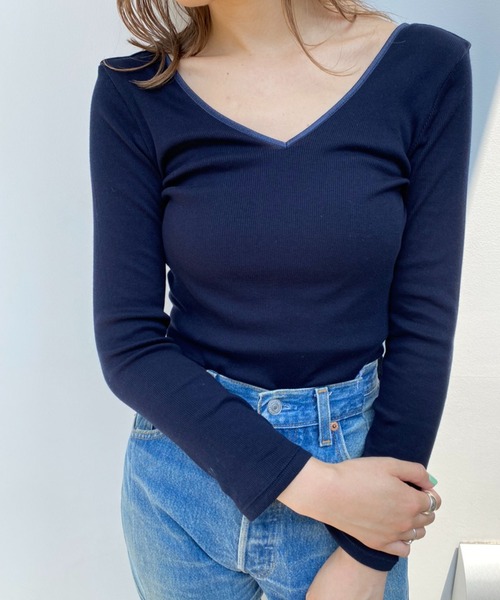 ONEME(ワンム)の「ONEME Seamless innerwear L/S(Tシャツ/カットソー・レディース・ネイビー/オフホワイト・FREE)」の13枚目の写真