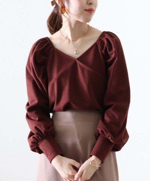 Cheek(チーク)の「パワショルカシュクールTOPS(Tシャツ/カットソー・レディース・ワインレッド/モカ/ラベンダー・MEDIUM)」の1枚目の写真