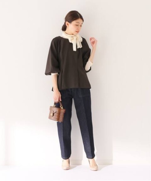 SLOBE IENA(スローブイエナ)の「ニットジョーゼットプルオーバー【手洗い可能】◆(Tシャツ/カットソー・レディース・ブラック/アイボリー/ブラウン・FREE)」の4枚目の写真