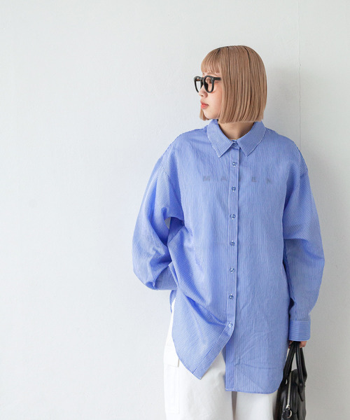 Chillfar（チルファー）の「シアーストライプビッグシャツ（シャツ/ブラウス・レディース・ミント/サックスブルー/パープル/イエロー/ブルー/ライトパープル/ベージュ/グリーン/グレー・LARGE/MEDIUM）」の14枚目の写真