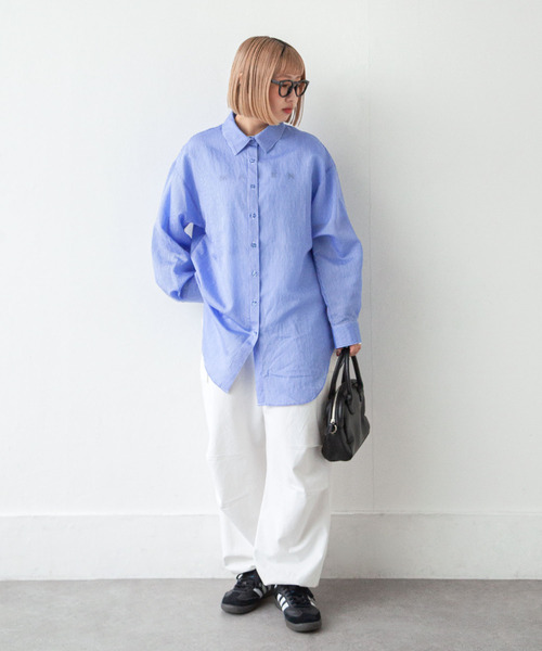 Chillfar（チルファー）の「シアーストライプビッグシャツ（シャツ/ブラウス・レディース・ミント/サックスブルー/パープル/イエロー/ブルー/ライトパープル/ベージュ/グリーン/グレー・LARGE/MEDIUM）」の15枚目の写真