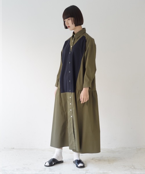 La SRIC(ラスリック)の「La SRIC / ブロッキングシャツOP(シャツワンピース・レディース・ベージュ/カーキ・38)」の3枚目の写真