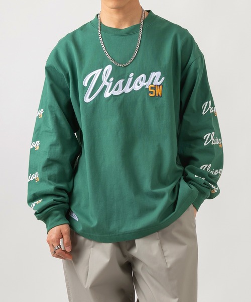 VISION STREET WEAR(ヴィジョンストリートウェア)の「【VISION STREET WEAR/ヴィジョンストリートウェア】アームプリントカレッジロゴ刺繍ロンT/ビッグシルエット(Tシャツ/カットソー・メンズ・ホワイト/アッシュグレー/ネイビー/グリーン・M/L/XL)」の3枚目の写真