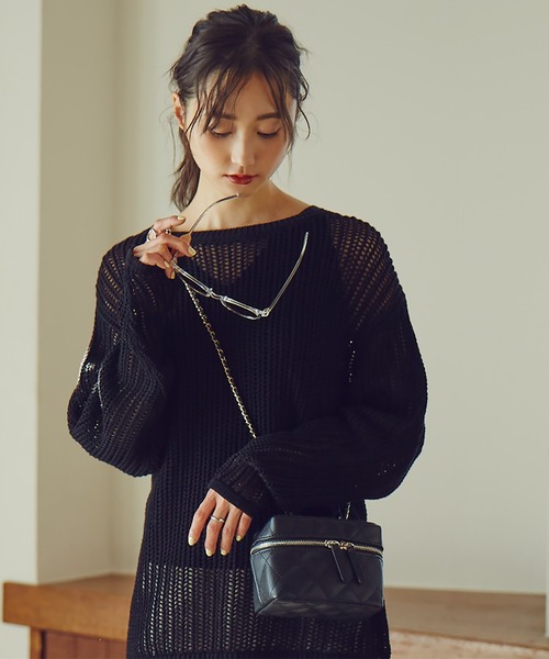 N.(N. Natural Beauty Basic)(エヌエヌナチュラルビューティーベーシック)の「◆メッシュニット(ニット/セーター・レディース・ブラック/オフホワイト/オレンジ・MEDIUM)」の1枚目の写真