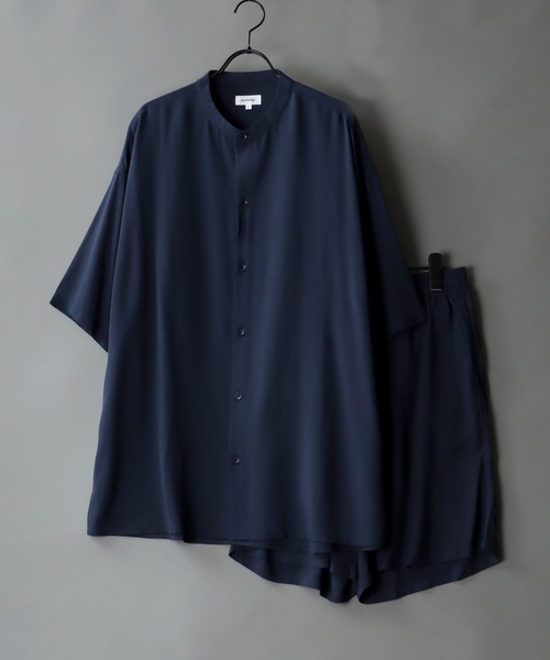 SITRY（シトリー）の「レーヨンバンドカラー シャツ＆ハーフパンツ セットアップ（ルームウェア/パジャマ・メンズ・ブラック/ベージュ/ネイビー/グレー/ブラック系その他/グレー系その他/ブルー系その他・M/L）」の6枚目の写真