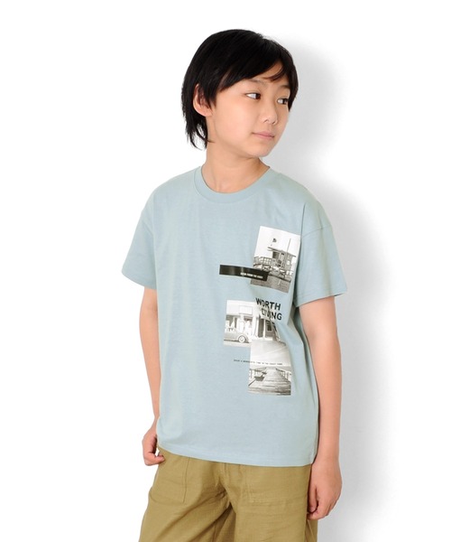 GLAZOS(グラソス)の「天竺・ドロップショルダーBOXフォトプリント半袖Tシャツ(Tシャツ/カットソー・キッズ・ライトブルー/ライトカーキ/チャコールグレー・140cm/170cm/160cm/130cm/150cm)」の3枚目の写真