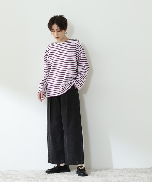 N.（N. Natural Beauty Basic）（エヌエヌナチュラルビューティーベーシック）の「◆バスクボーダーロンＴ（Tシャツ/カットソー・レディース・ブラック×ホワイト/パープル/ライトグリーン・MEDIUM）」の6枚目の写真