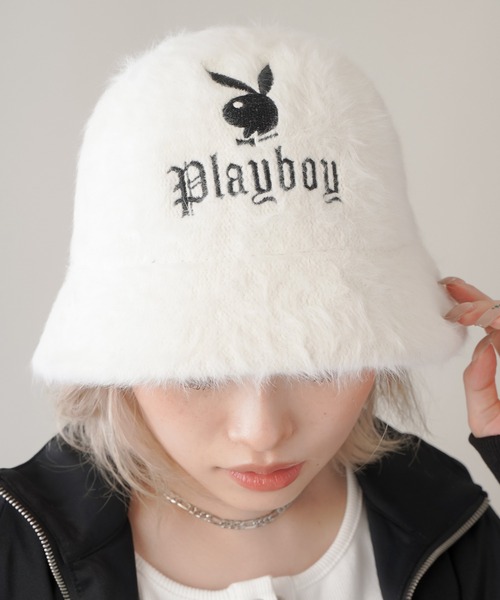 PLAYBOY（プレイボーイ）の「【PLAYBOY/プレイボーイ】ロゴ刺繍 フェイクファーバケットハット（ハット・レディース・ホワイト/ブラック・ONESIZE）」の3枚目の写真