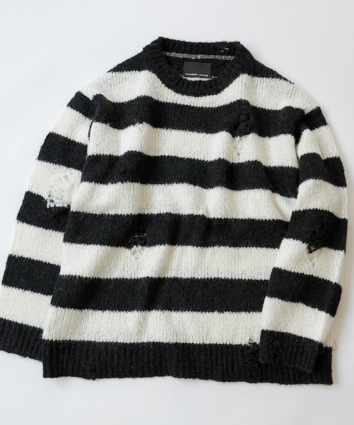 NUMBER (N)INE(ナンバーナイン)の「NUMBER (N)INE/ナンバーナイン WOOL ALPACA RIPPED KNIT PULLOVER/ウールアルパカ混 ダメージ ボーダー/ソリッド ルーズプルオーバーニット(ニット/セーター・メンズ・ブラック×グレー/ブラウン/ブラック×ホワイト/ブラック・3/2/4)」の3枚目の写真