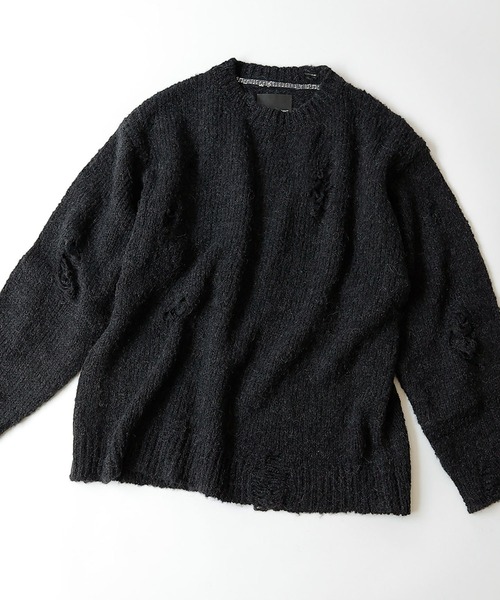 NUMBER (N)INE(ナンバーナイン)の「NUMBER (N)INE/ナンバーナイン WOOL ALPACA RIPPED KNIT PULLOVER/ウールアルパカ混 ダメージ ボーダー/ソリッド ルーズプルオーバーニット(ニット/セーター・メンズ・ブラック×グレー/ブラウン/ブラック×ホワイト/ブラック・3/2/4)」の2枚目の写真