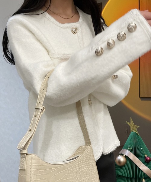 ノカラーブックルツイードボタンジャケット（ノーカラージャケット