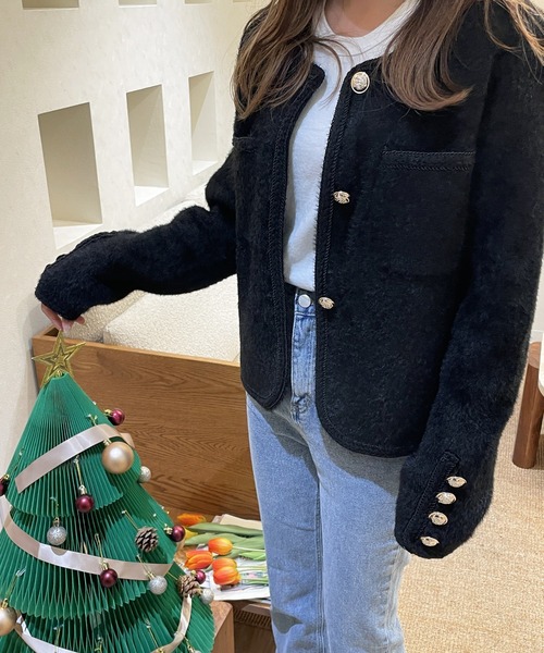 ノカラーブックルツイードボタンジャケット（ノーカラージャケット