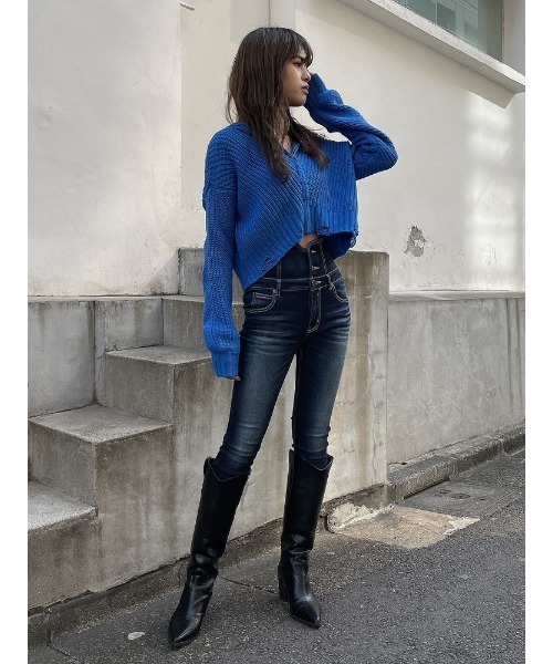 ENVYM（アンビー）の「ダメージクロップドＫＮＩＴ ＰＫ（ニット/セーター・レディース・ブラック/ブルー/ホワイト・FREE）」の8枚目の写真