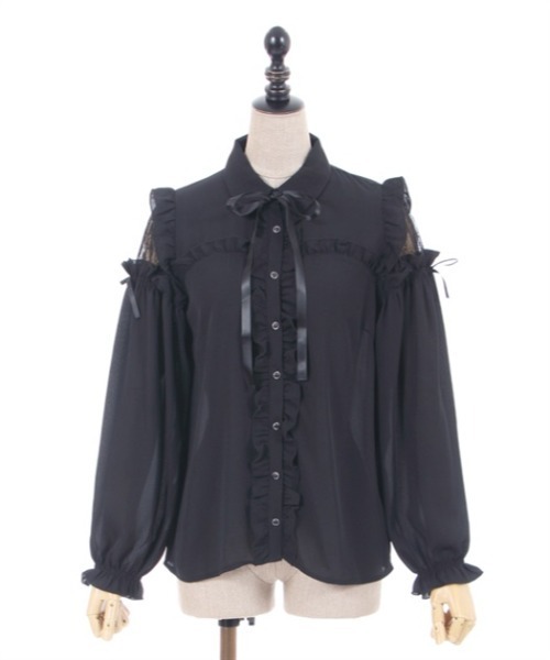 axes femme POETIQUE（アクシーズファムポエティック）の「肩レースデザインフリルブラウス（シャツ/ブラウス・レディース・サックスブルー系/キナリ/ブラック・MEDIUM）」の3枚目の写真