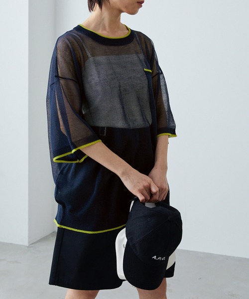 mal. 半袖シアーニット　カーキ AZUL BY MOUSSY | シアーニットカーディガンキャミセット