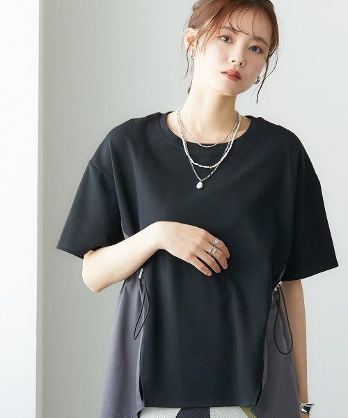 miclat（ミクラ）の「大きいサイズ　異素材切替サイドコードTシャツ　miclat（Tシャツ/カットソー・レディース・ブラック系/ホワイト系・5L/LL/3L/L/4L）」の2枚目の写真